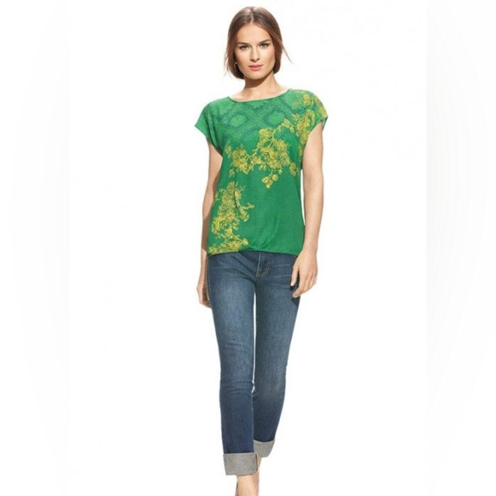 Cabi Green & Yellow Floral Gathered Hem Blouse | XS